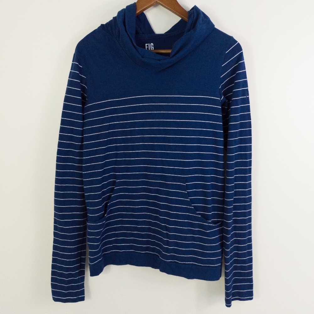 FIG Voyage Blue Striped Pullover Hoodie Tunic Top Medium